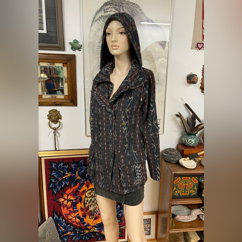 Hooded Cotton Canvas Jacket with Tribal Weave Printed Pattern